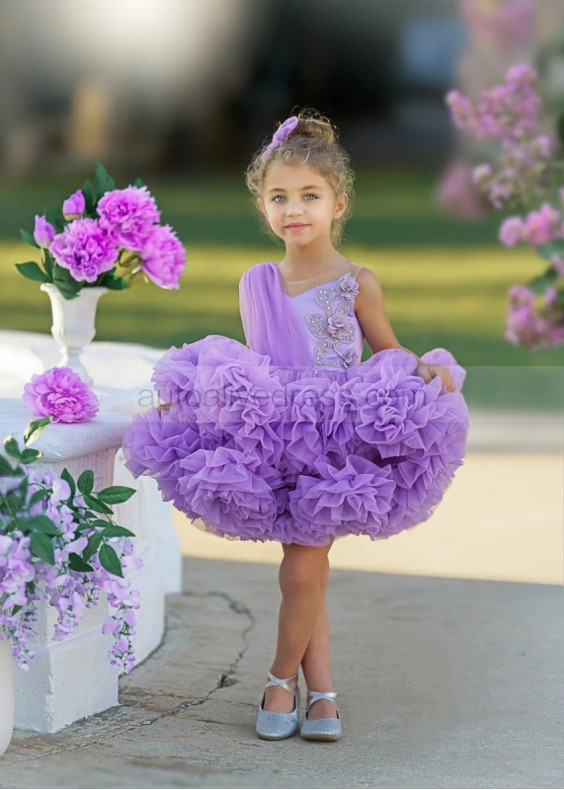 Purple Tulle V Back Ruffled Flower Girl Dress